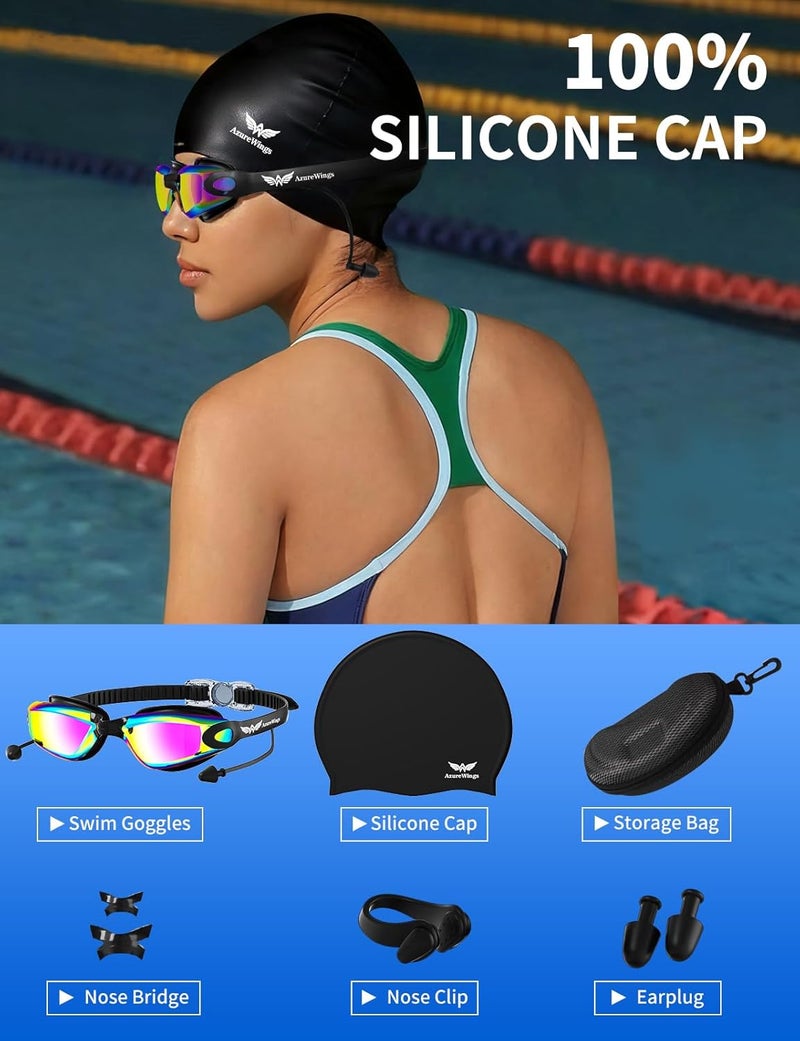 AzureWings 7 in 1 Swim Goggles + Swim Cap for Men Women,No Leak Anti-Fog & UV, Wide Visio HD Mirror PC Lens - Image 3